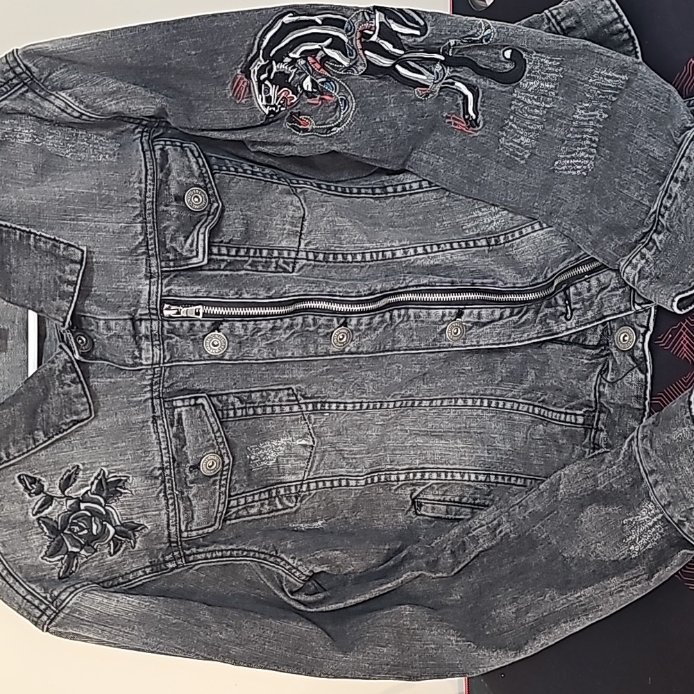 Distressed  Black Jean Jacket with sewn in applique of tiger and rose.